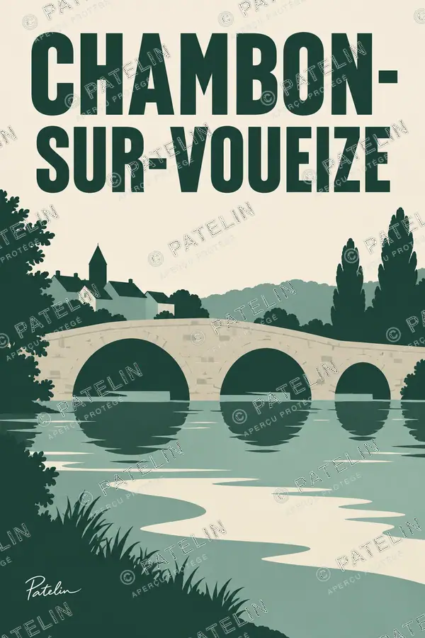 Illustration Chambon-sur-Voueize — Le pont et la rivière, style Minimal