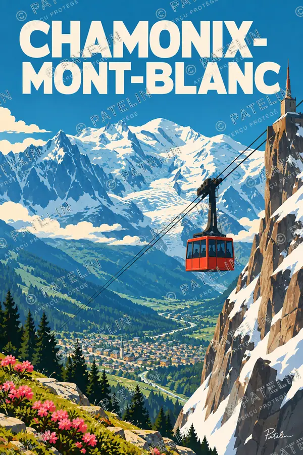 Illustration Chamonix-Mont-Blanc — La vallée et le téléphérique, style Pop