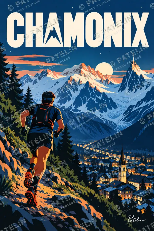 Illustration Chamonix-Mont-Blanc — Le trail au-dessus de la vallée, style Pop