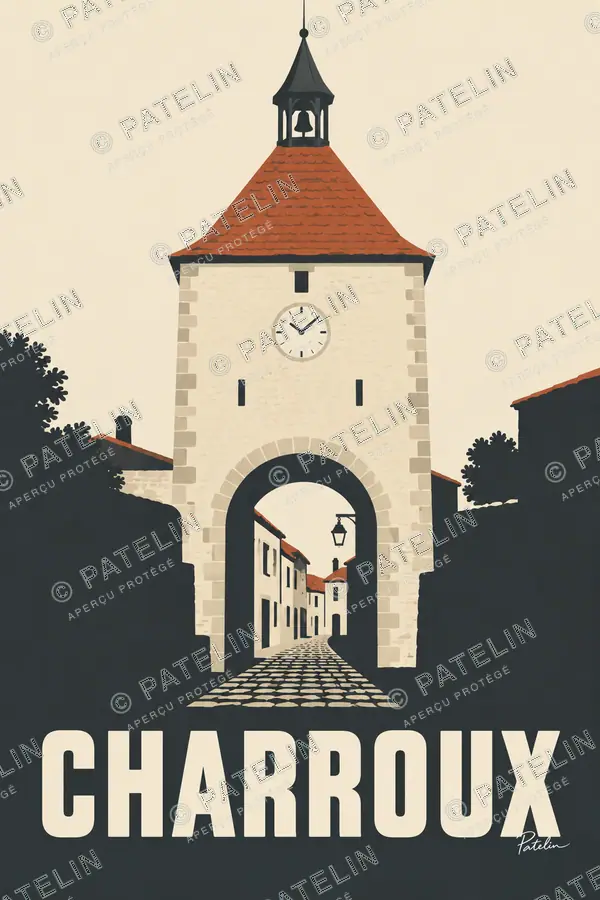 Illustration Charroux — La porte et son horloge, style Minimal