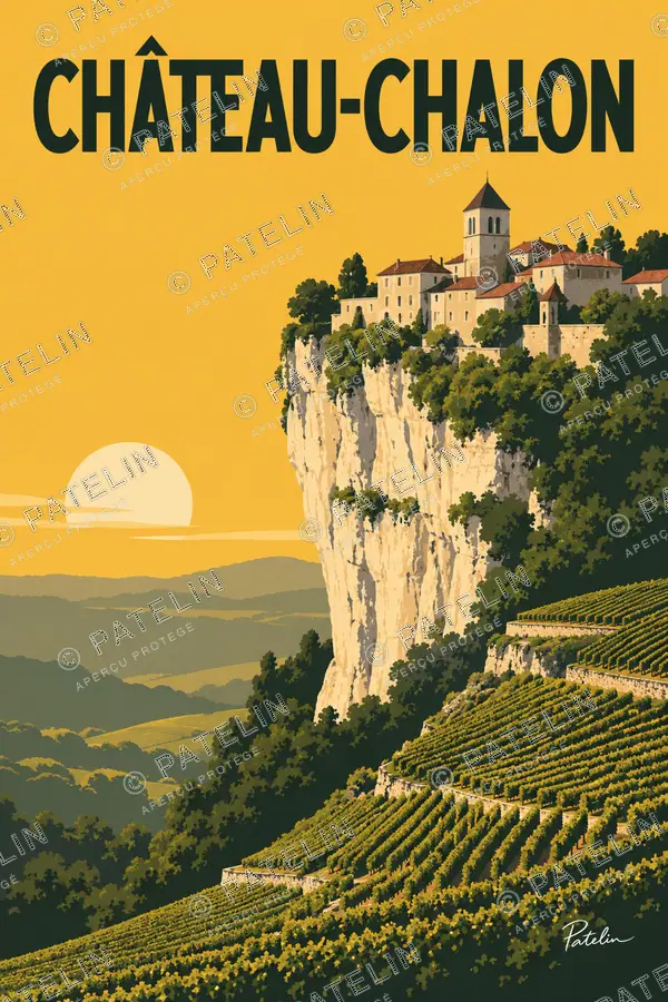 Illustration Château-Chalon — Le village sur la falaise, style Pop