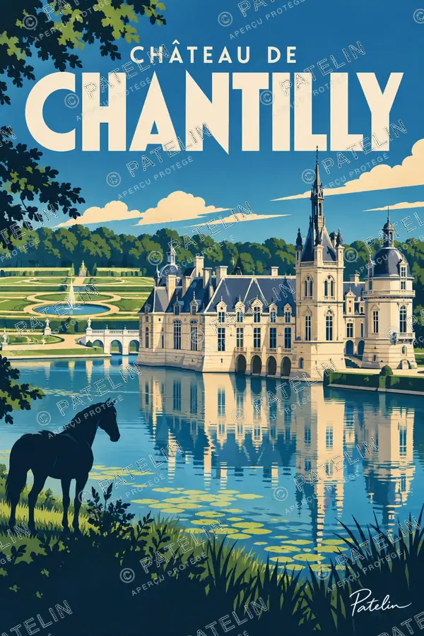 Illustration Château de Chantilly — Le château au bord de l’eau, style Pop