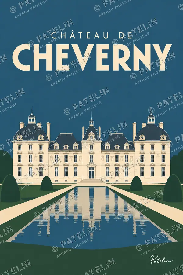 Illustration Château de Cheverny — Le château et ses reflets, style Minimal