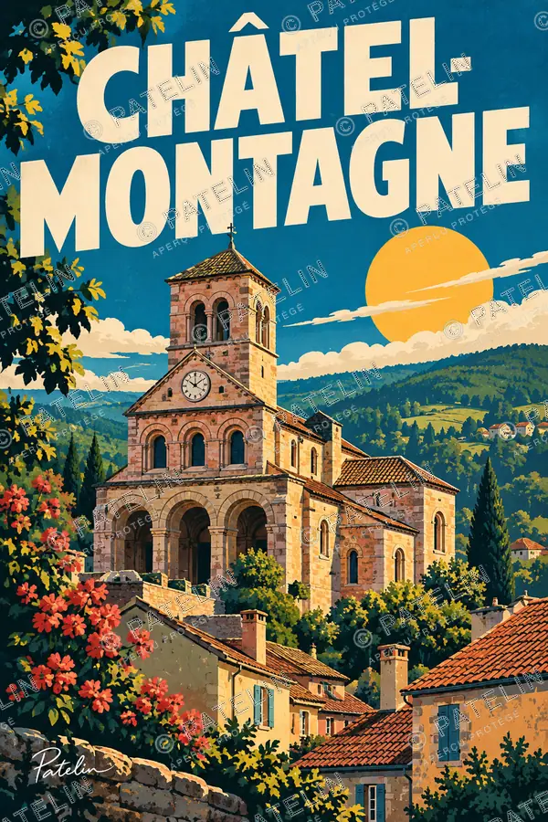 Illustration Châtel-Montagne — L’église et le village, style Pop