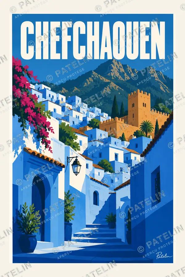 Illustration Chefchaouen — Les ruelles bleues de Chefchaouen, style Pop