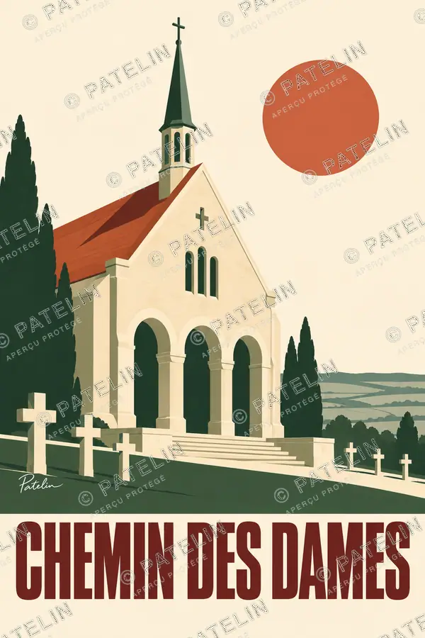 Illustration Chemin des Dames — La chapelle et les croix, style Minimal