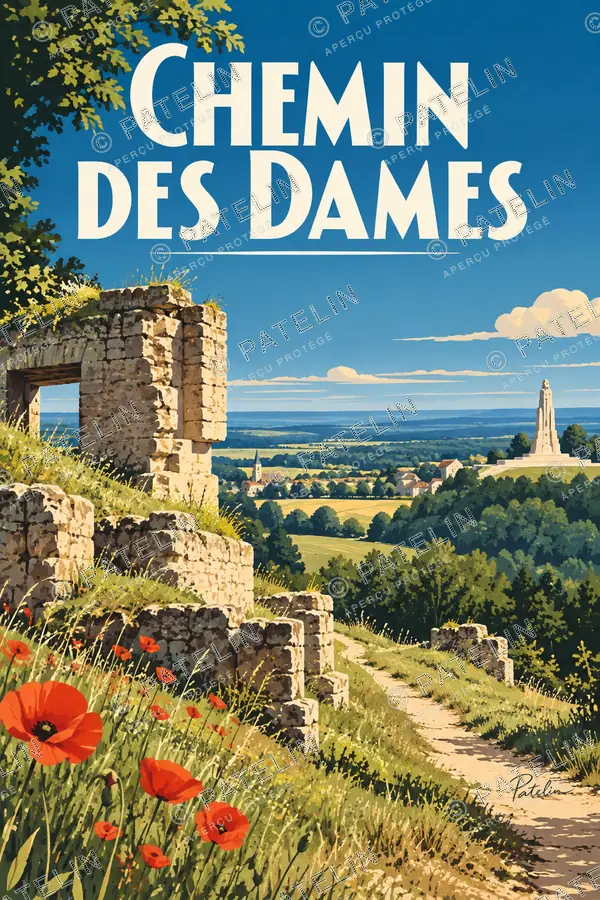 Illustration Chemin des Dames — Les ruines et les coquelicots, style Pop