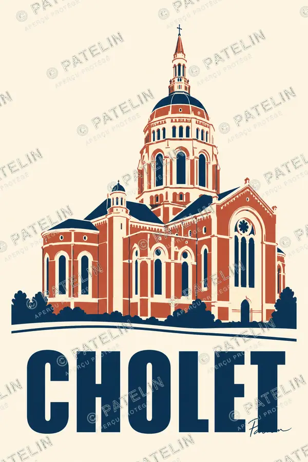 Illustration Cholet — Le dôme en rouge et bleu, style Minimal