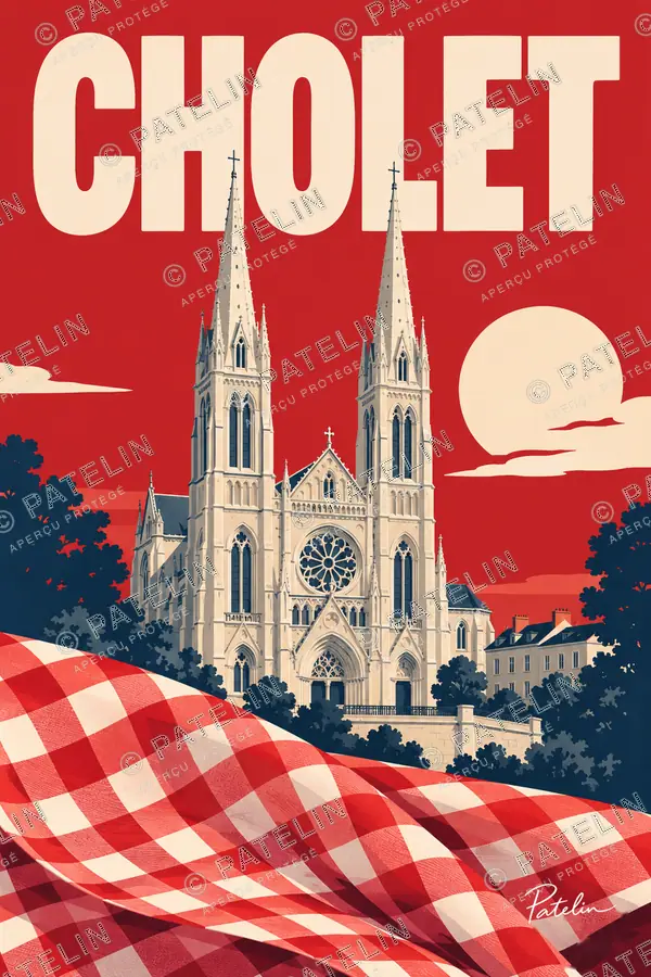 Illustration Cholet — L’église et le mouchoir rouge, style Pop