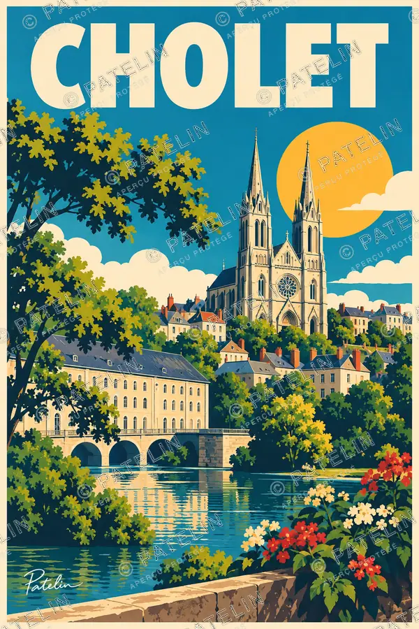 Illustration Cholet — L’église au bord de la rivière, style Pop