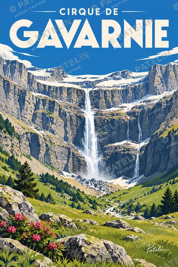 Illustration Cirque de Gavarnie — La cascade au cœur du cirque, style Pop