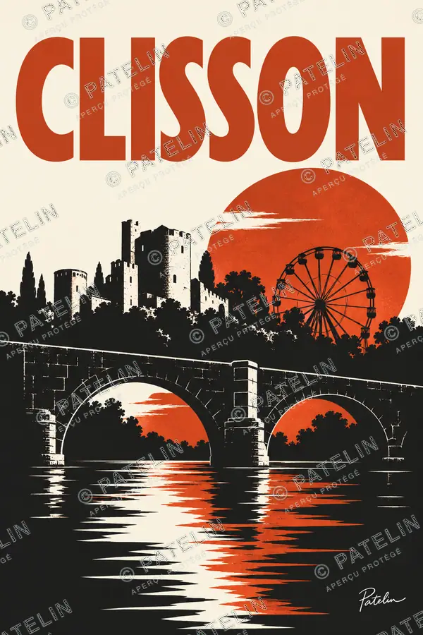 Illustration Clisson — Le pont et le festival, style Minimal