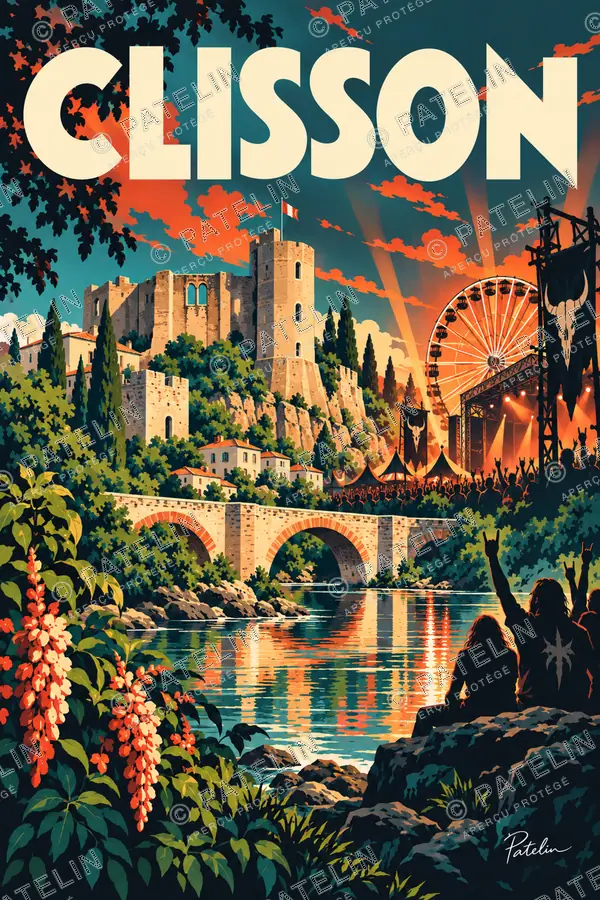 Illustration Clisson — Le pont et le festival, style Pop