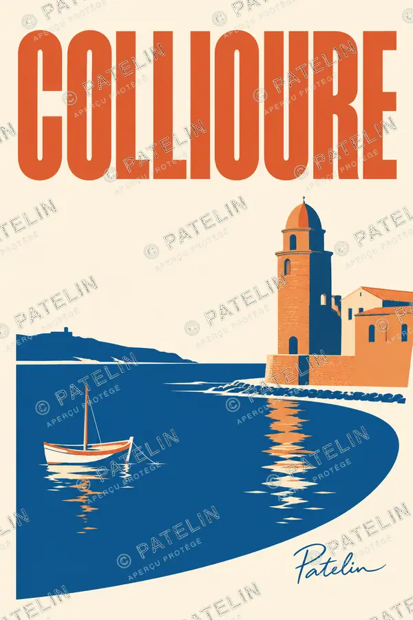 Illustration Collioure — Le clocher face à la mer, style Minimal