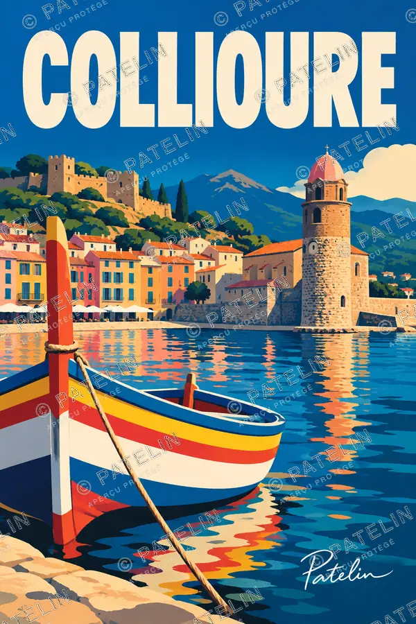 Collioure — Les barques et le clocher, illustration Pop