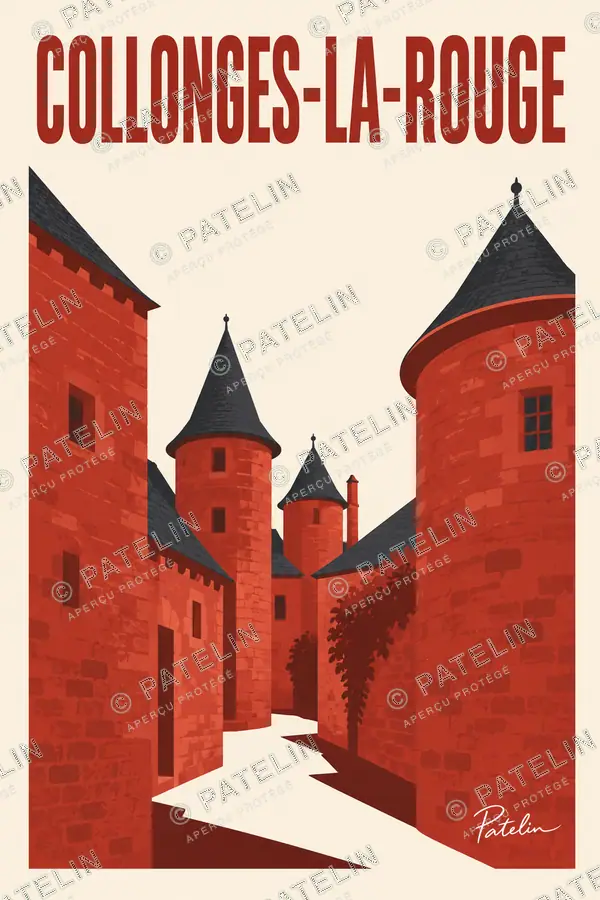 Illustration Collonges-la-Rouge — Les tours de pierre rouge, style Minimal