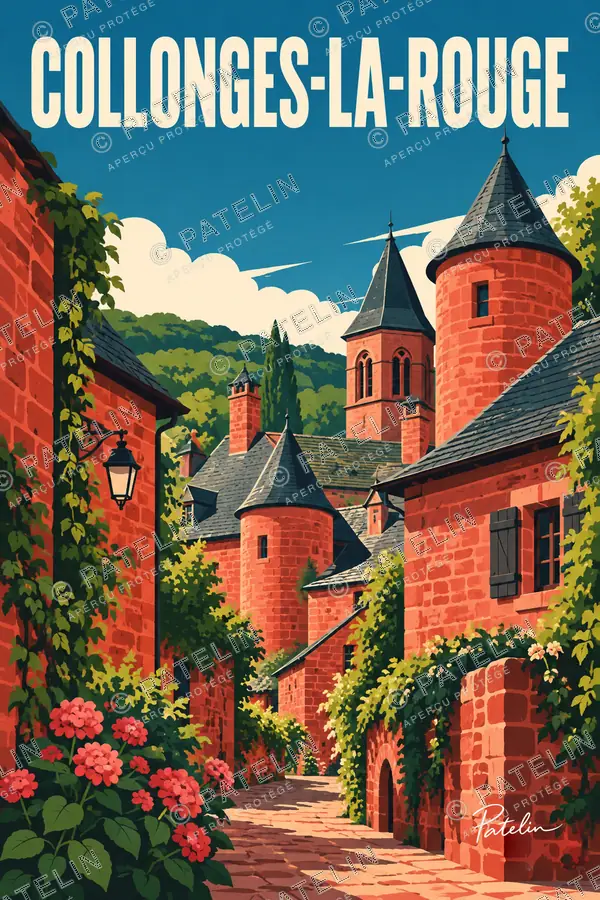 Illustration Collonges-la-Rouge — La ruelle aux fleurs, style Pop