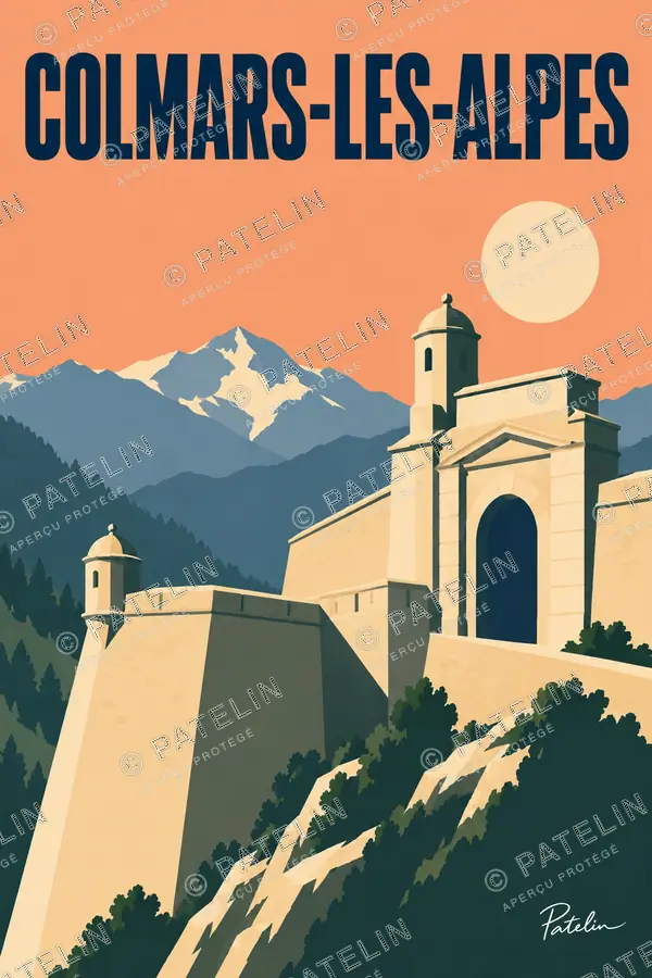 Illustration Colmars-les-Alpes — Les fortifications face aux montagnes, style Minimal