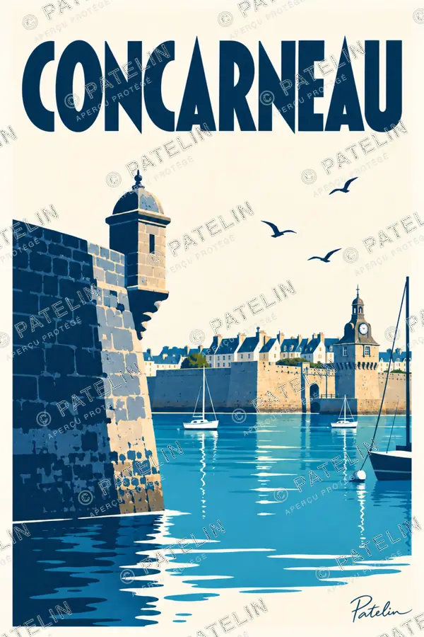Illustration Concarneau — Les tours dans le bleu, style Minimal