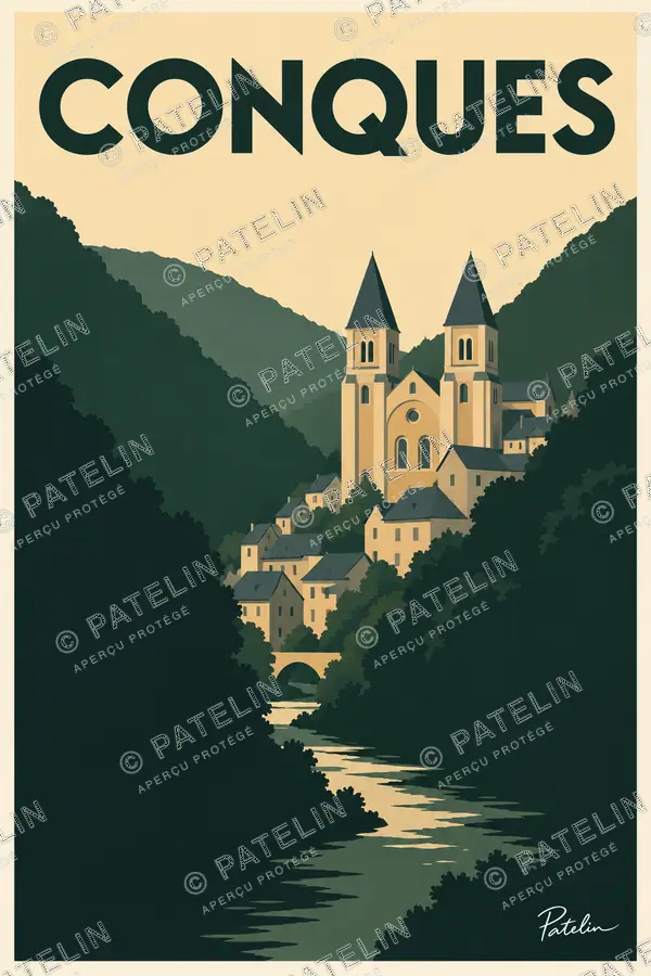 Illustration Conques — L’abbatiale entre les collines, style Minimal