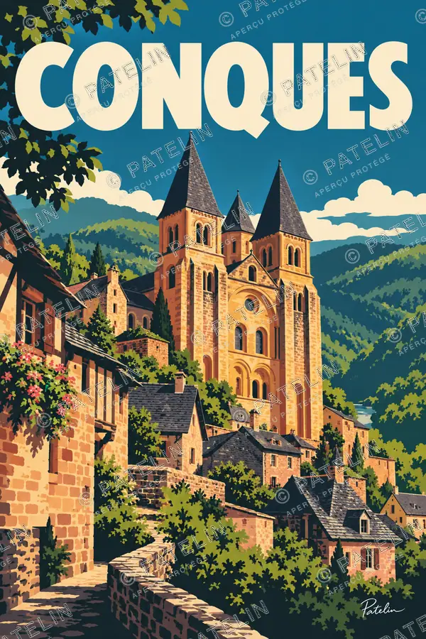 Conques — L’abbatiale et les maisons, illustration Pop