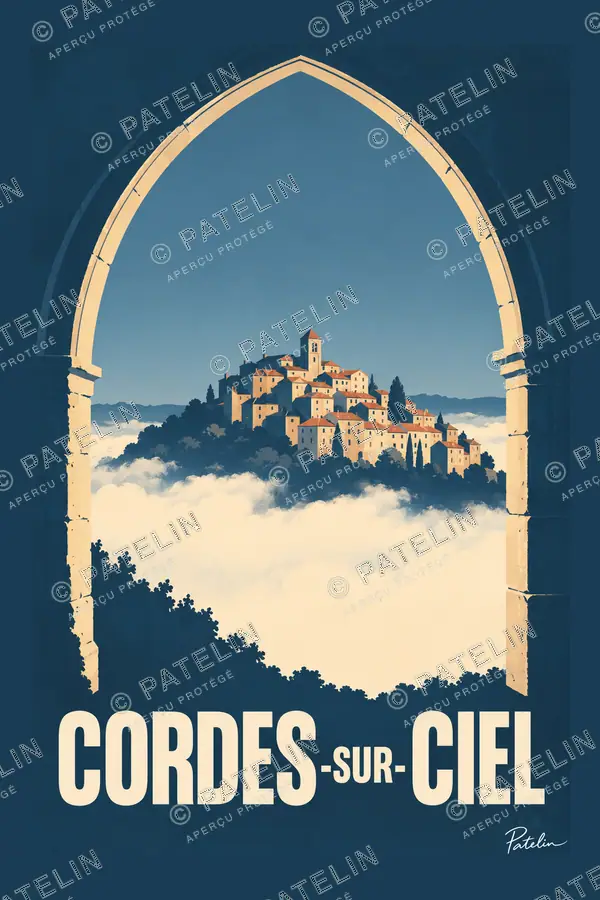Illustration Cordes-sur-Ciel — La cité dans la brume sous l’arche, style Minimal