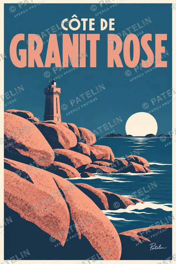 Illustration Côte de Granit Rose — Le phare et les rochers roses, style Minimal
