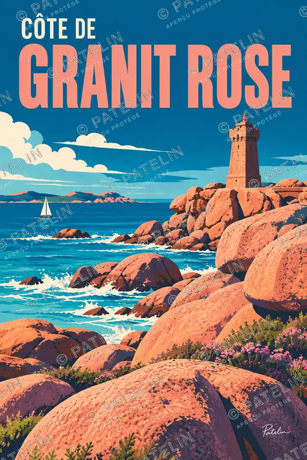 Illustration Côte de Granit Rose — Le phare sur la Côte de Granit Rose, style Pop