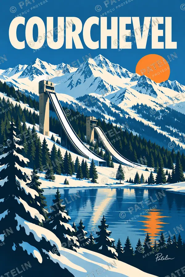 Illustration Courchevel — Le tremplin au bord du lac, style Pop