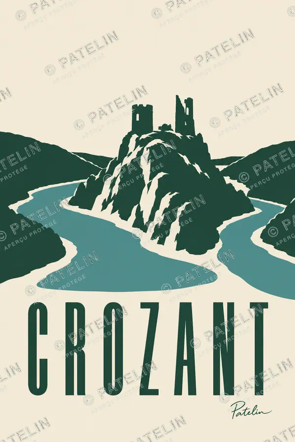Illustration Crozant — Les ruines et la vallée, style Minimal