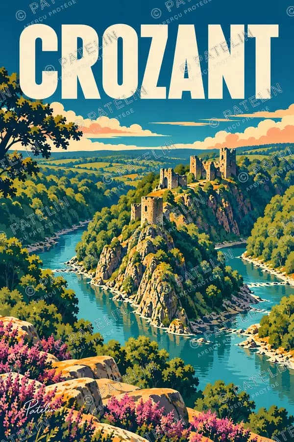 Illustration Crozant — Les ruines et la vallée, style Pop