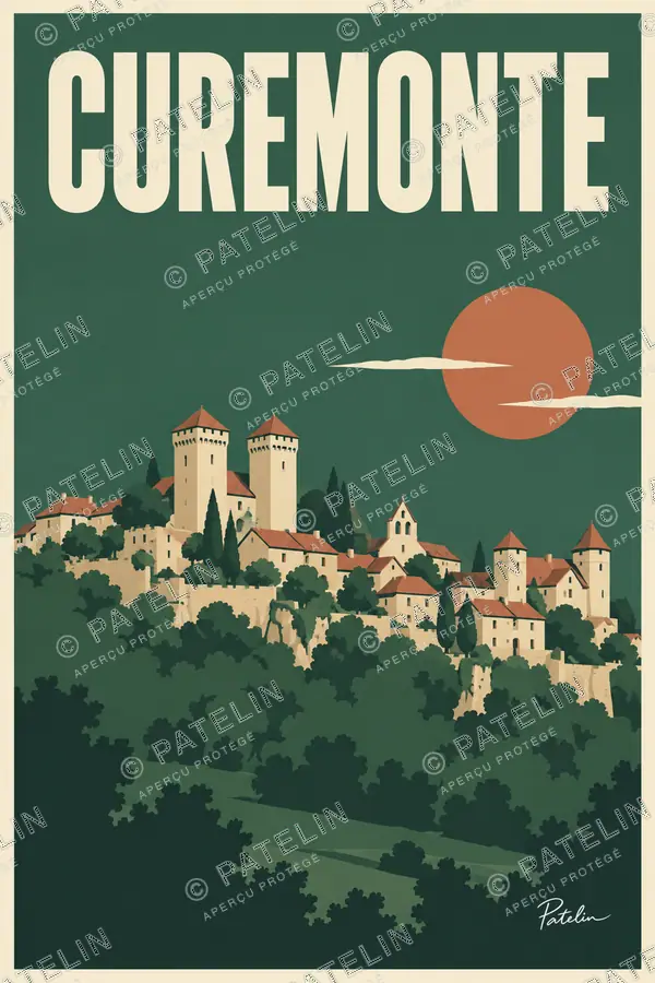 Illustration Curemonte — Le village et les châteaux, style Minimal