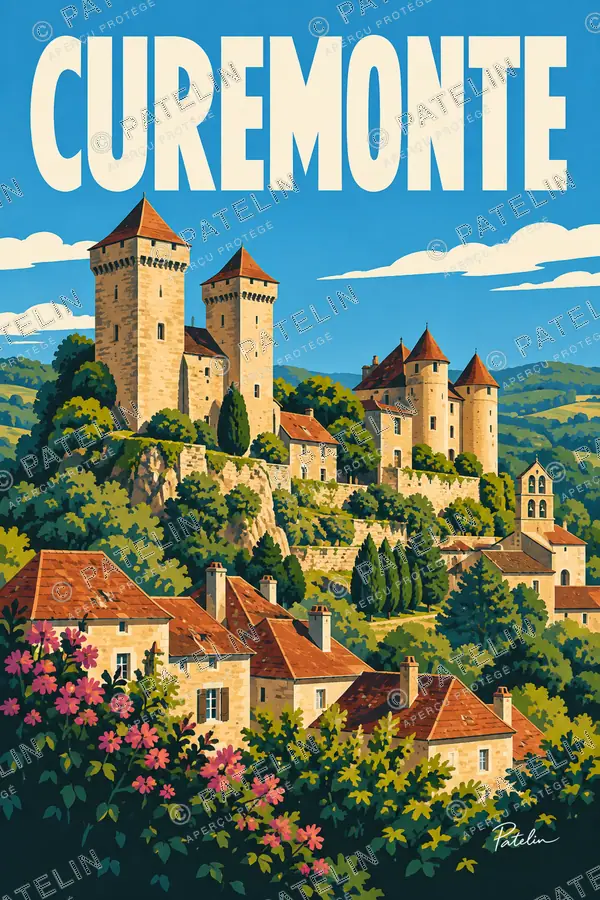Illustration Curemonte — Le village et les châteaux, style Pop