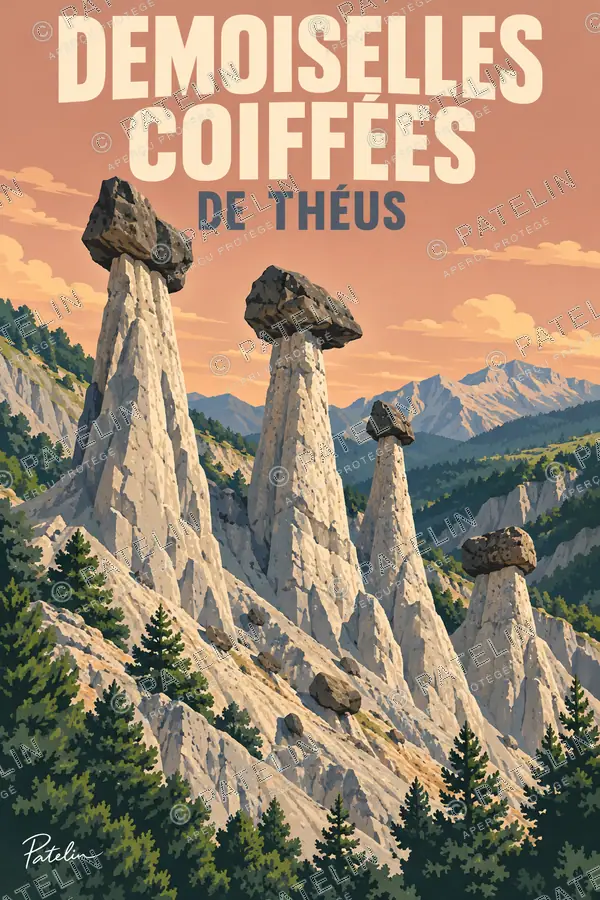 Illustration Demoiselles Coiffées de Théus — Les colonnes et leurs chapeaux de pierre, style Pop