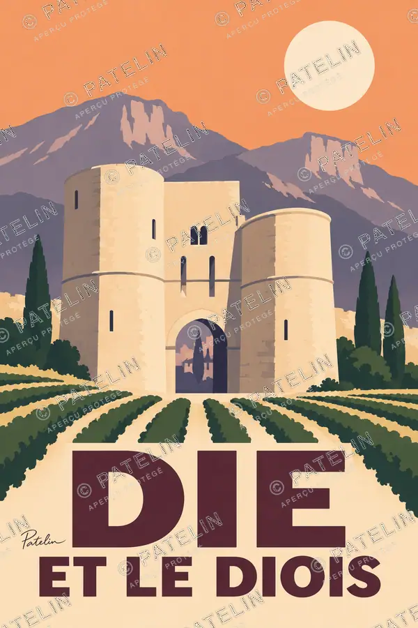 Illustration Die et le Diois — La porte et les paysages du Diois, style Minimal