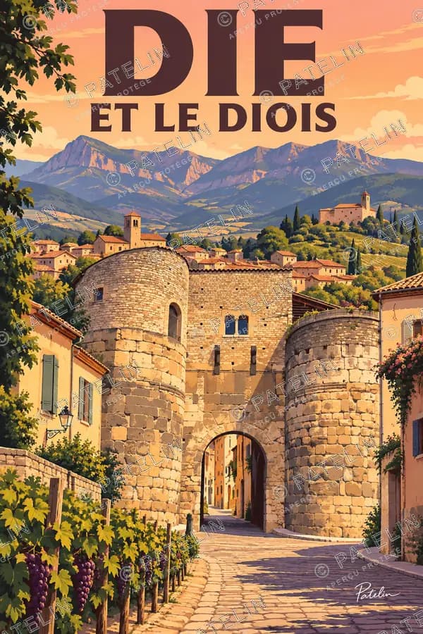 Illustration Die et le Diois — La porte de pierre face aux montagnes, style Pop