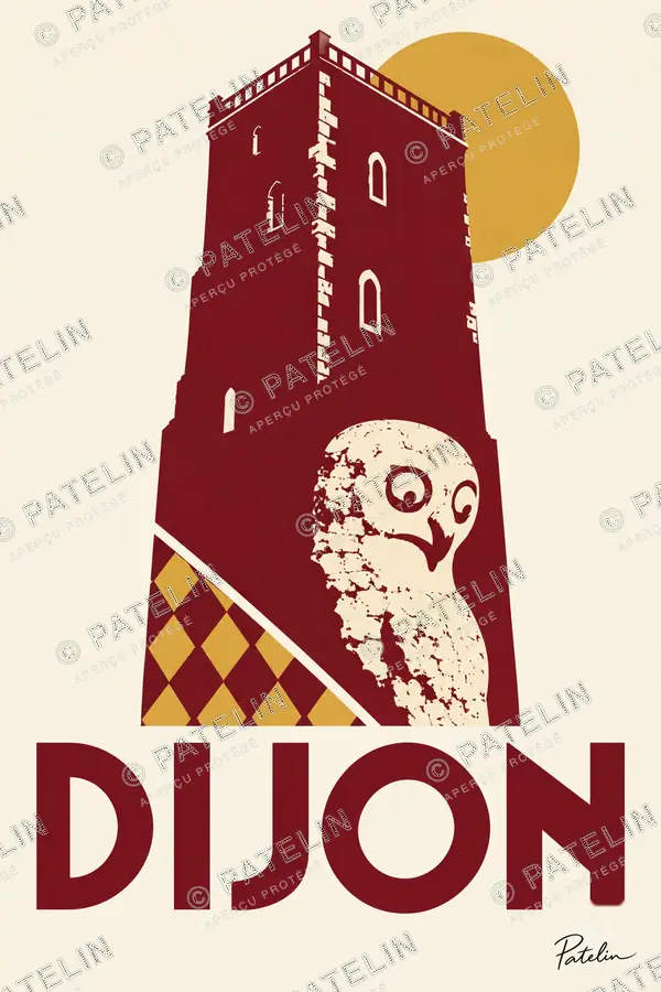 Illustration Dijon — La chouette et la tour, style Minimal