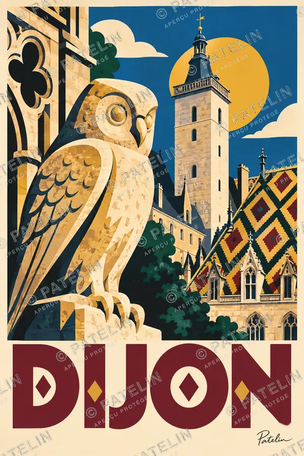 Illustration Dijon — La chouette et les toits, style Pop