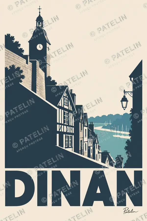 Illustration Dinan — La rue et la tour, style Minimal