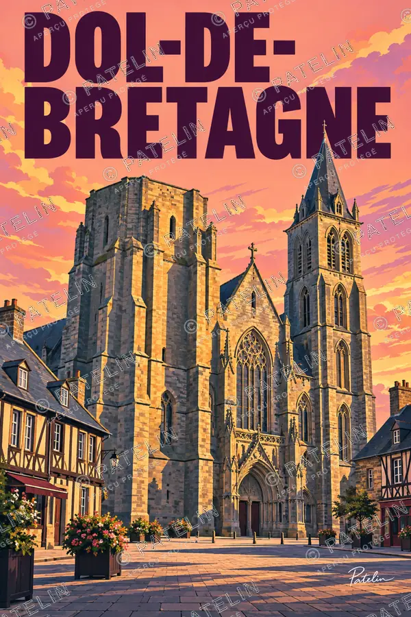 Illustration Dol-de-Bretagne — La cathédrale et les maisons, style Pop