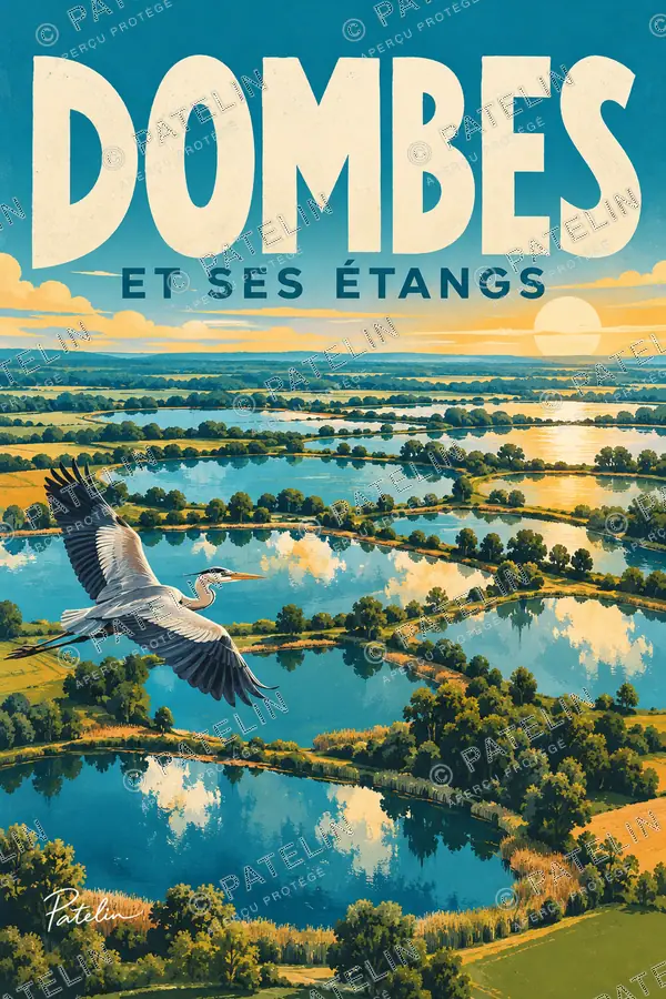 Illustration Dombes et ses étangs — Les étangs et le héron, style Pop