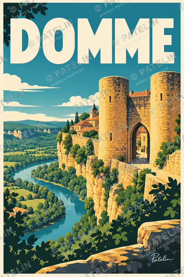 Illustration Domme — Les remparts sur la vallée, style Pop