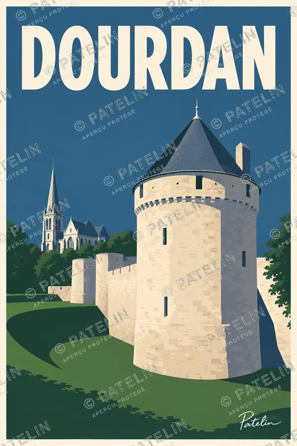 Illustration Dourdan — La tour du château, style Minimal