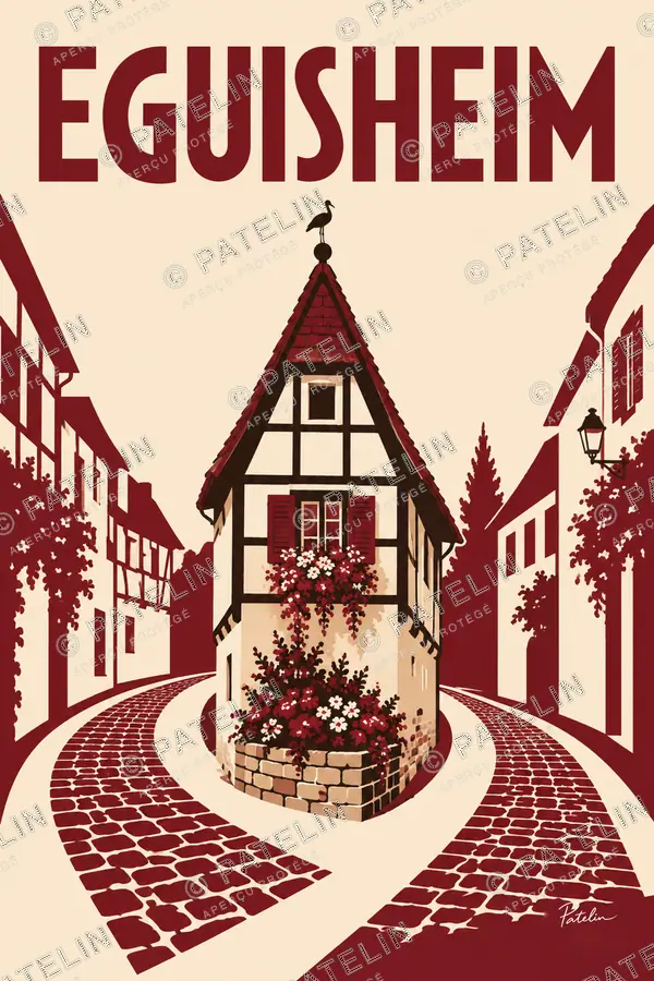 Illustration Eguisheim — La ruelle et la fontaine, style Minimal