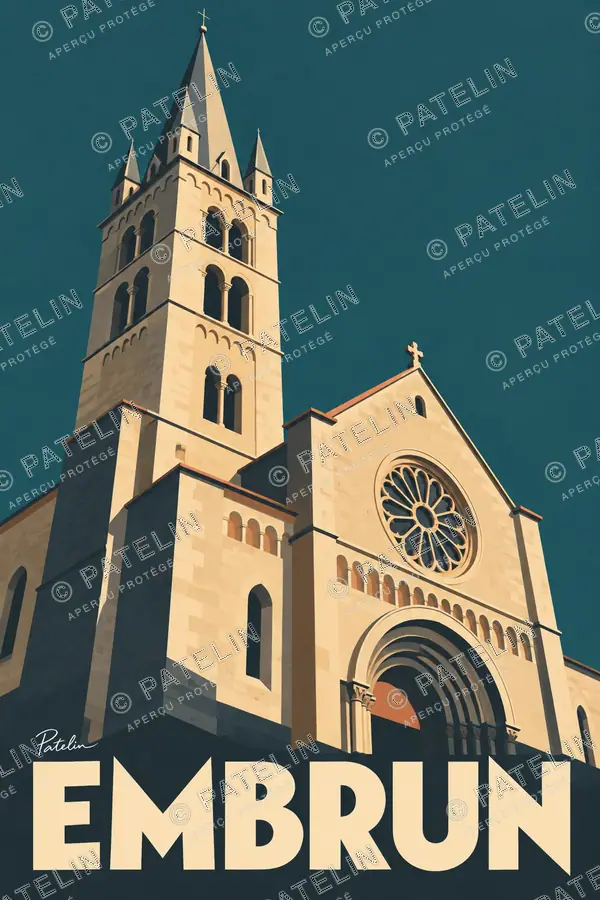 Illustration Embrun — La façade et le clocher de la cathédrale, style Minimal