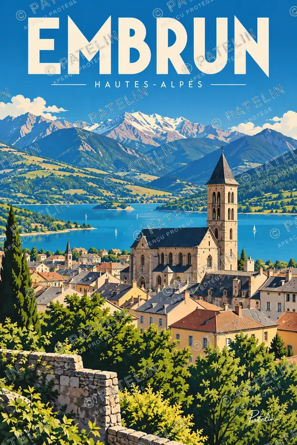 Illustration Embrun — La ville et la cathédrale au-dessus du lac, style Pop