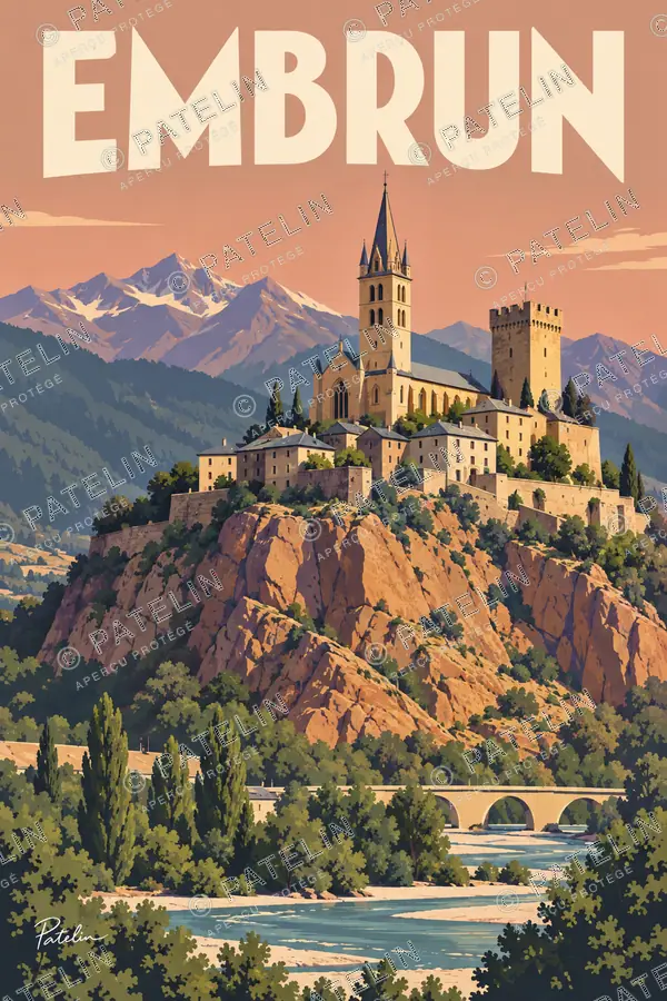 Illustration Embrun — Les toits au-dessus du pont, style Pop