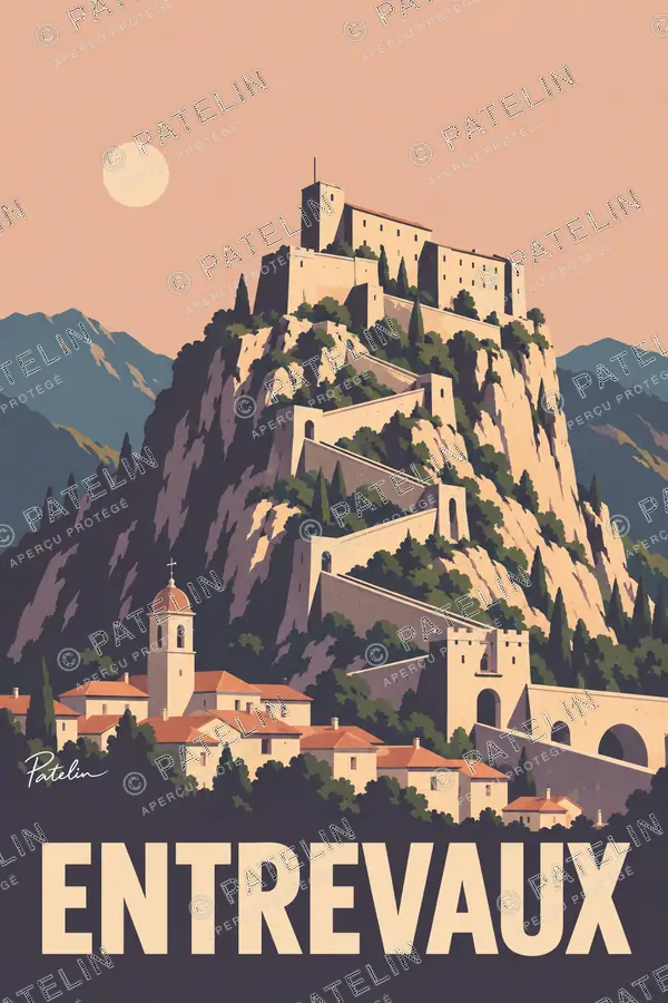 Illustration Entrevaux — La citadelle au-dessus du village, style Minimal