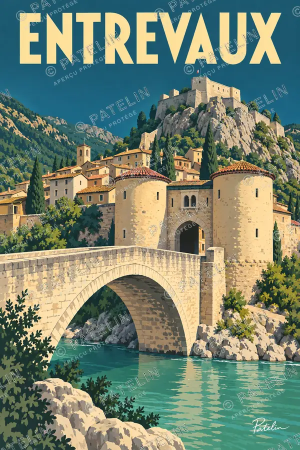 Illustration Entrevaux — Le pont et la citadelle, style Pop