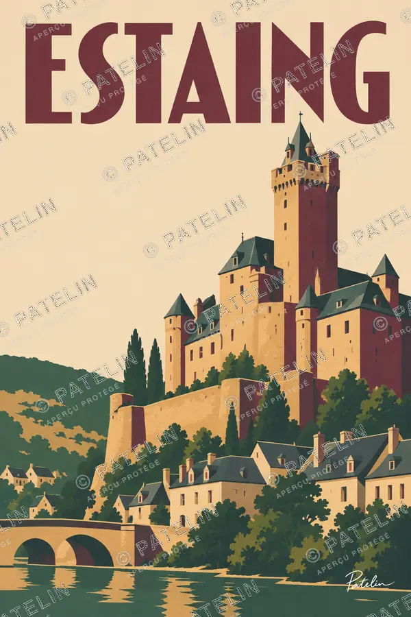 Illustration Estaing — Le château au-dessus du Lot, style Minimal